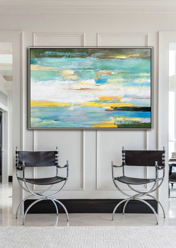 Extra Large Canvas Art,Oversized Horizontal Abstract Landscape Art,Modern Art Abstract Painting,White,Yellow,Light Green.etc